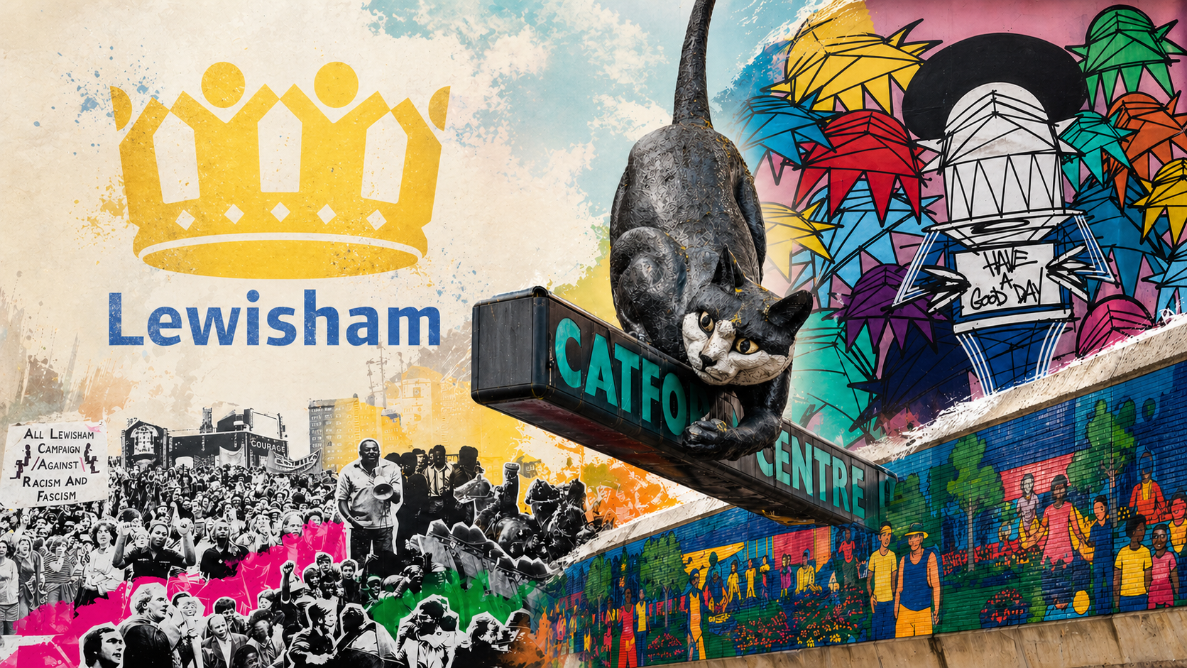 Lewisham collage featuring the Catford Centre sign, public mural art, and local protest history.